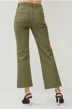 High Rise Patch Pockets Ankle Flare Crop Jeans in Moss by Risen Jeans