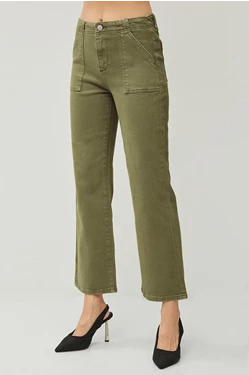 High Rise Patch Pockets Ankle Flare Crop Jeans in Moss by Risen Jeans