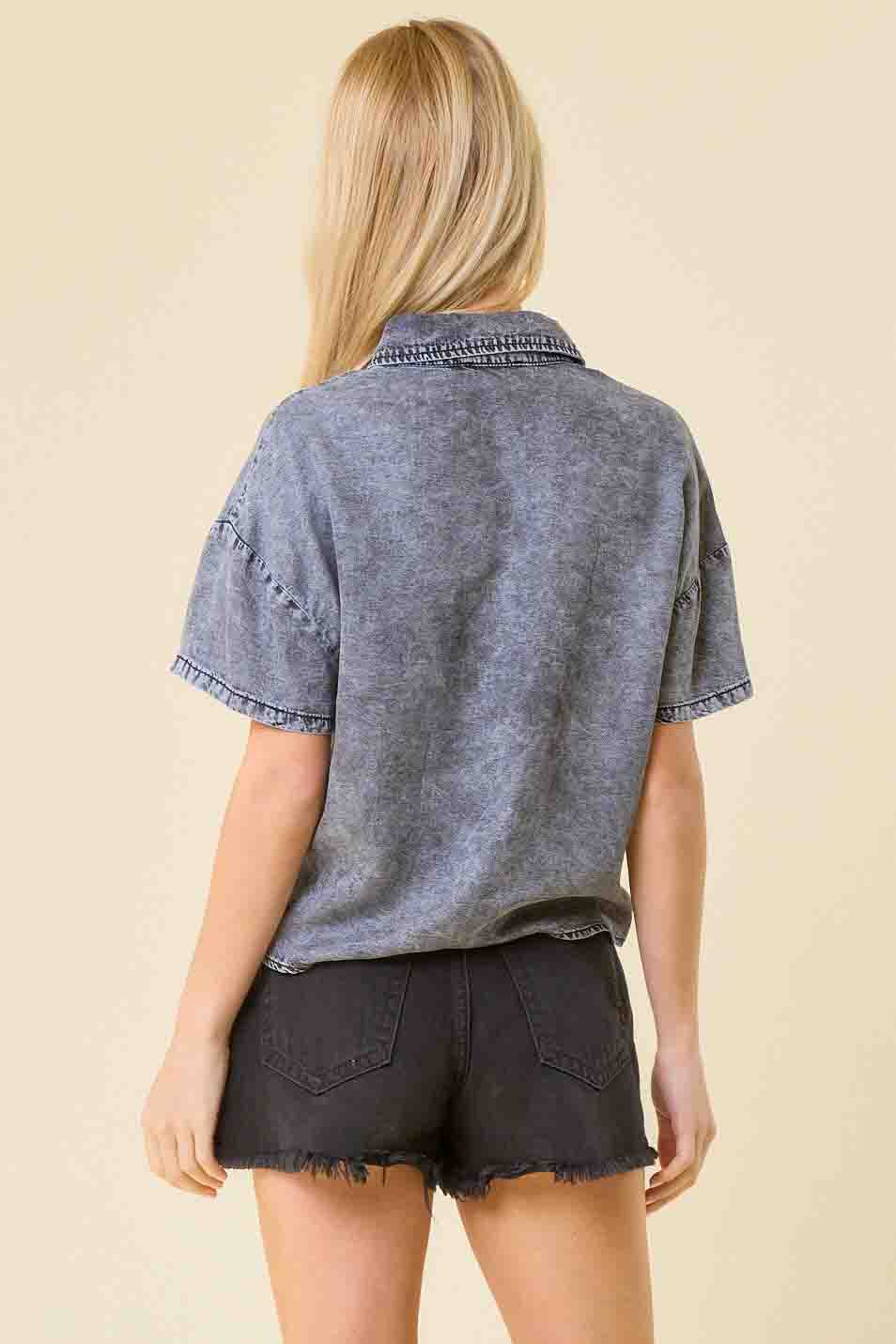 Side Pleaded Button Up Denim Crop Top in Black by Doe and Rae