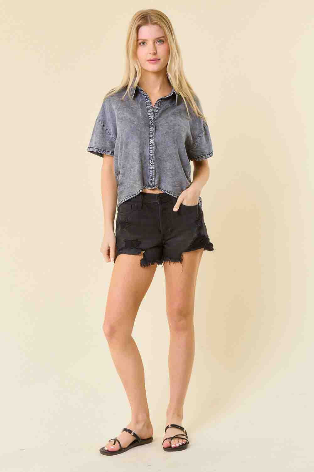 Side Pleaded Button Up Denim Crop Top in Black by Doe and Rae