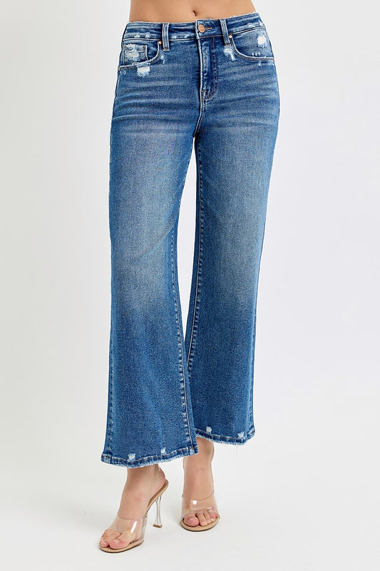 Tummy Control High Rise Crop Wide Leg Jeans in Dark Blue Denim by Risen Jeans