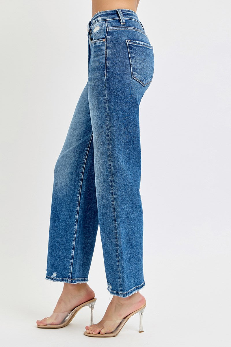 Tummy Control High Rise Crop Wide Leg Jeans in Dark Blue Denim by Risen Jeans