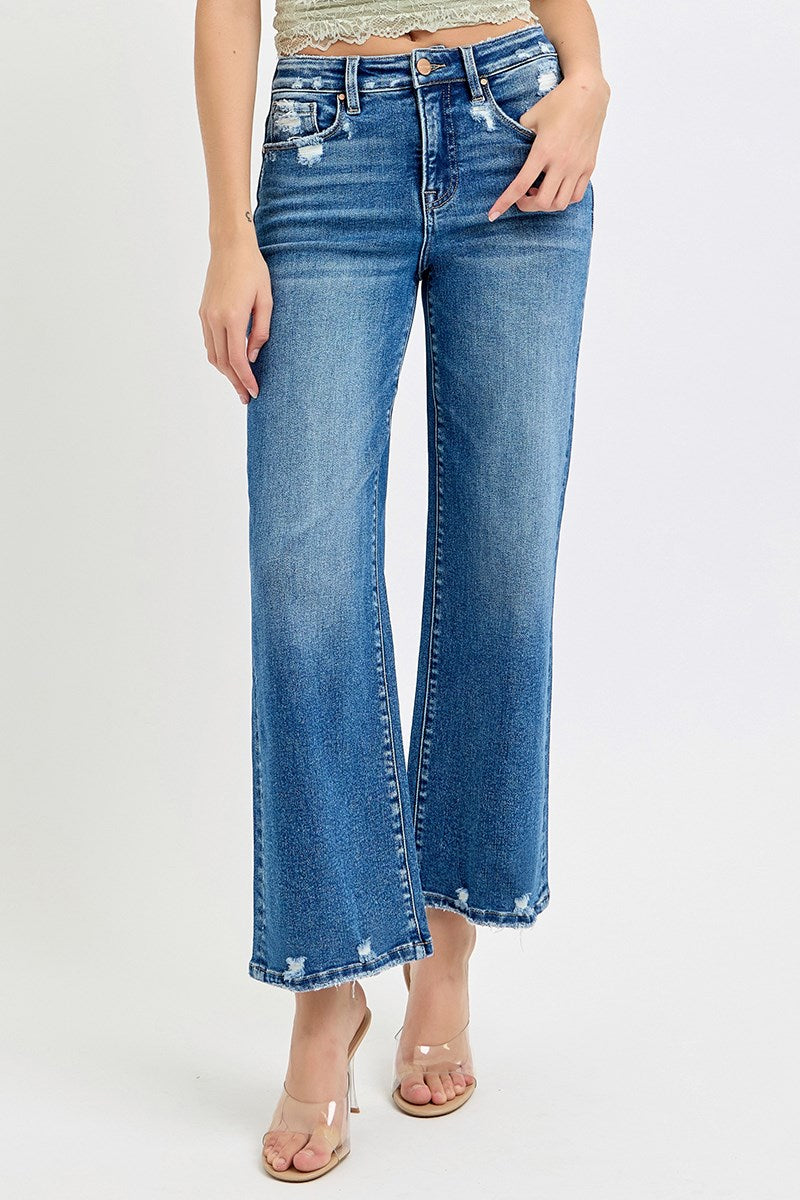Tummy Control High Rise Crop Wide Leg Jeans in Dark Blue Denim by Risen Jeans