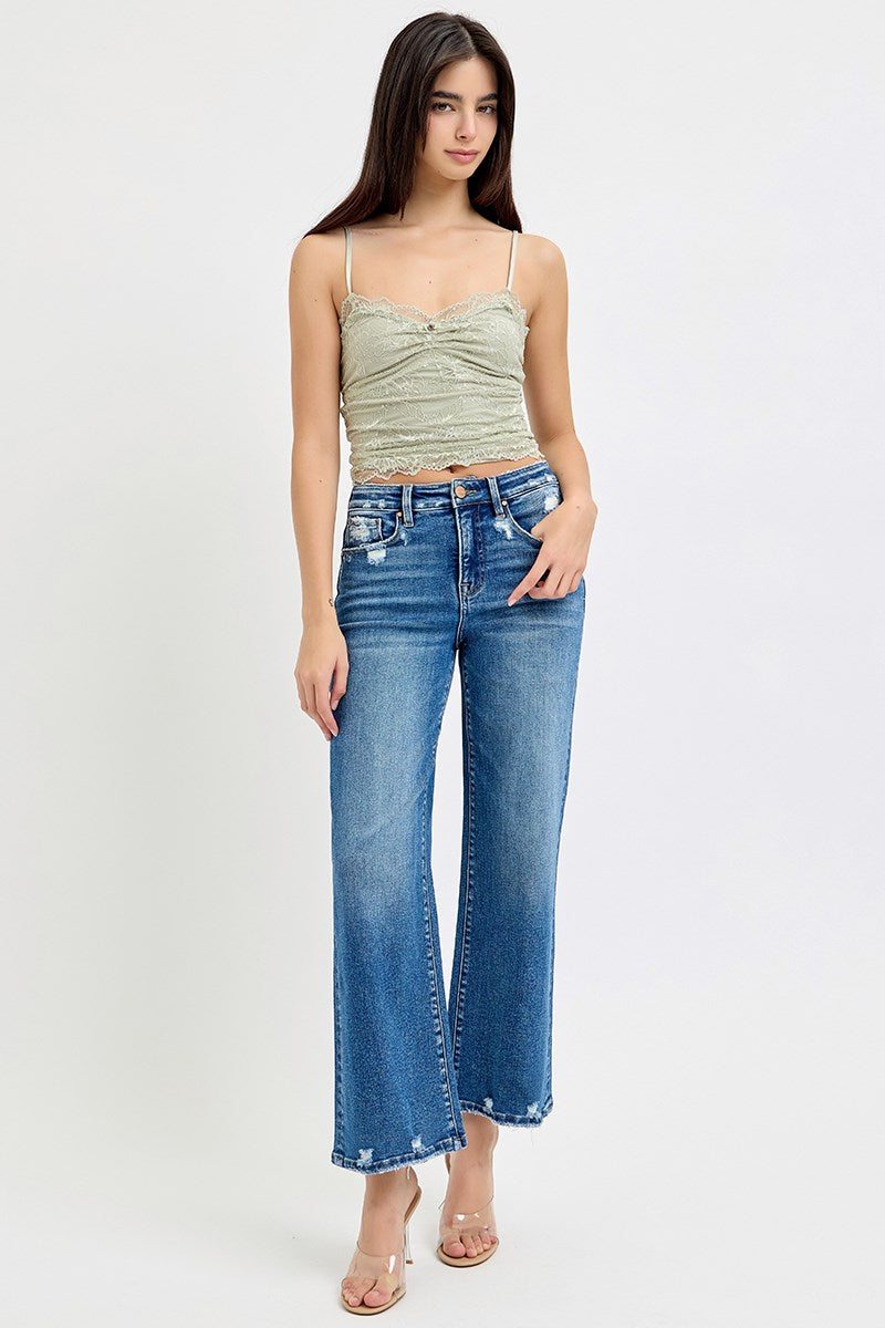 Tummy Control High Rise Crop Wide Leg Jeans in Dark Blue Denim by Risen Jeans