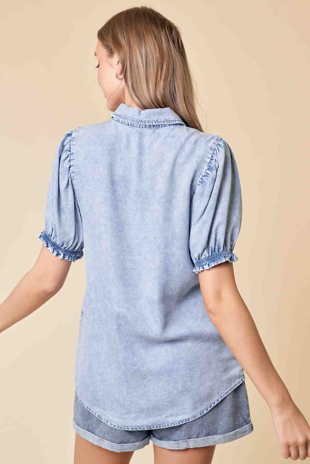 Puff Sleeve Button Down Shirt in Light Denim by Doe and Rae