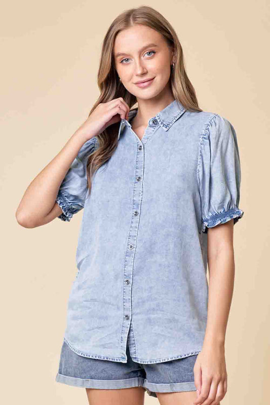 Puff Sleeve Button Down Shirt in Light Denim by Doe and Rae