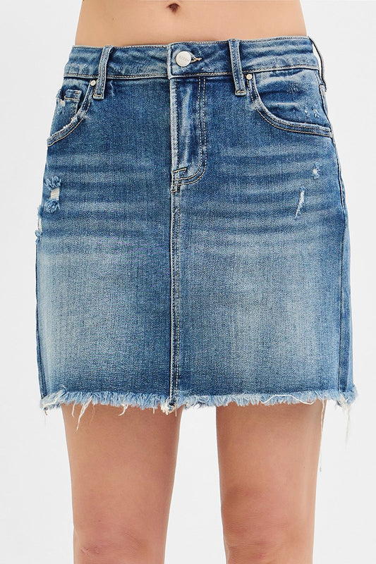 Mid Waist Pencil Skirt in Medium Blue by Risen Jeans