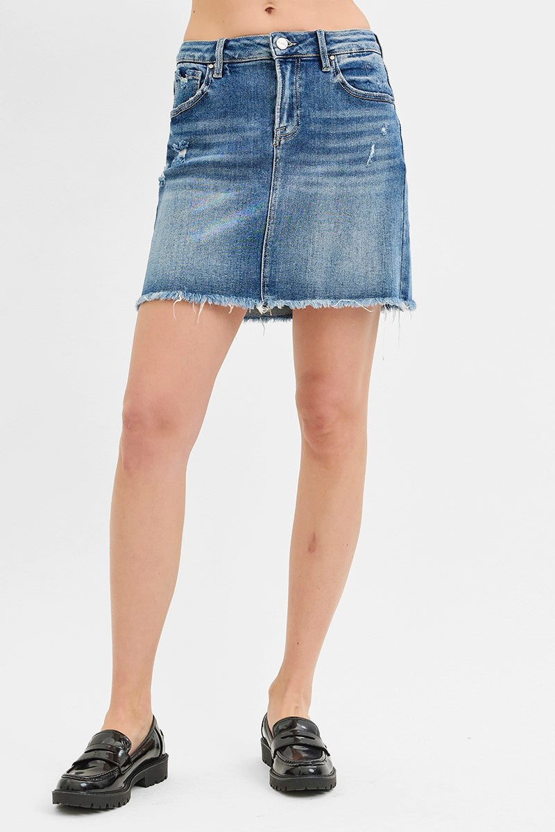 Mid Waist Pencil Skirt in Medium Blue by Risen Jeans