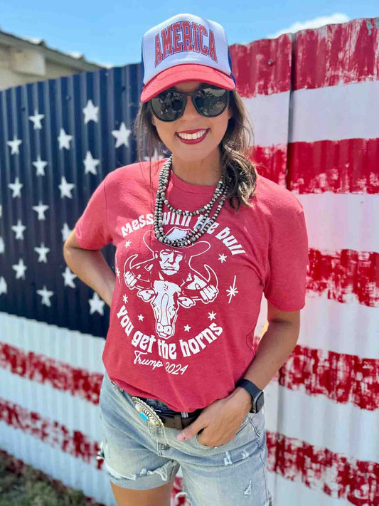 Mess With the Bull You Get the Horns Trump 2024 Tee in Vintage Red