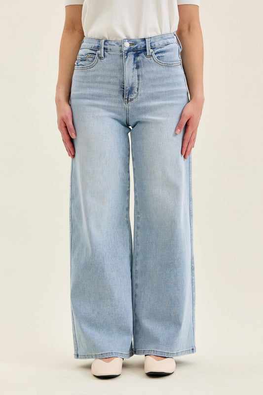 Petite High Waisted Tummy Control Retro Wide Leg Jeans by Judy Blue