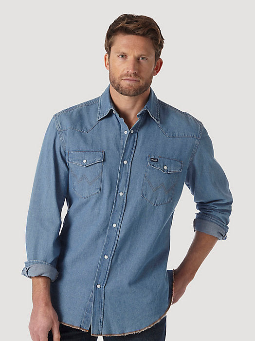 Wrangler Cowboy Cut® Long-Sleeve Western Denim Snap Work Shirt in Stonewash