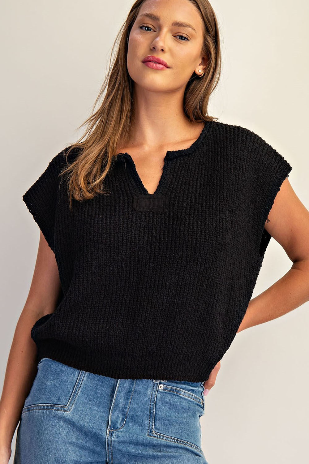 Solid Cap Sleeve Notched Neck Knit Sweater by ee:some