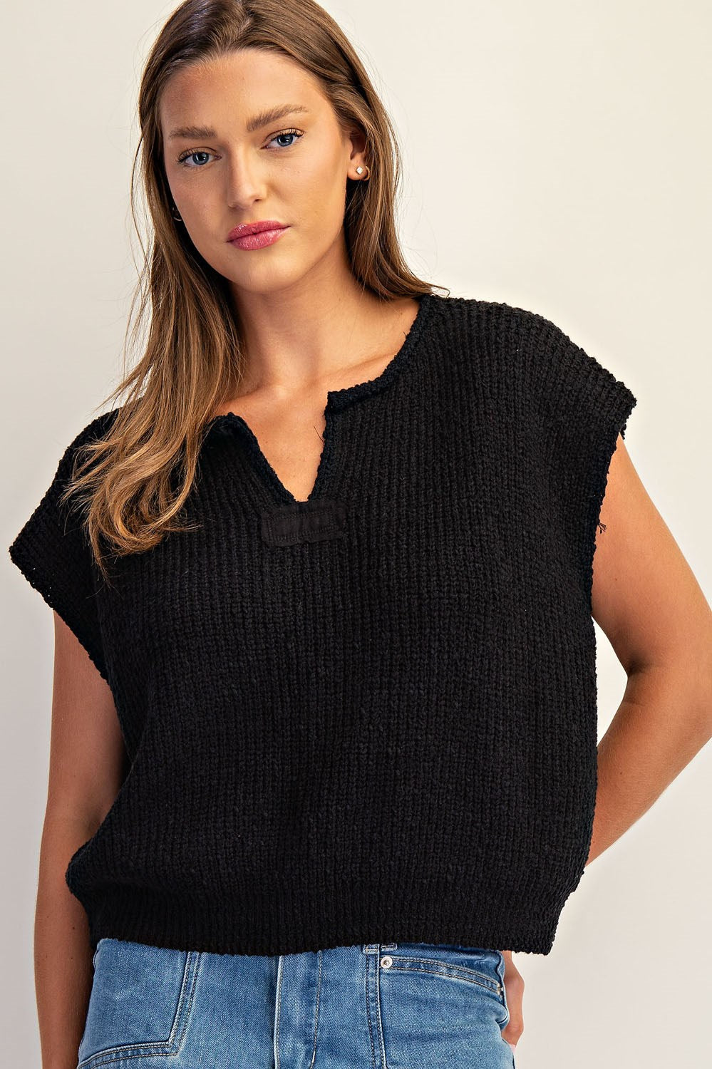 Solid Cap Sleeve Notched Neck Knit Sweater by ee:some