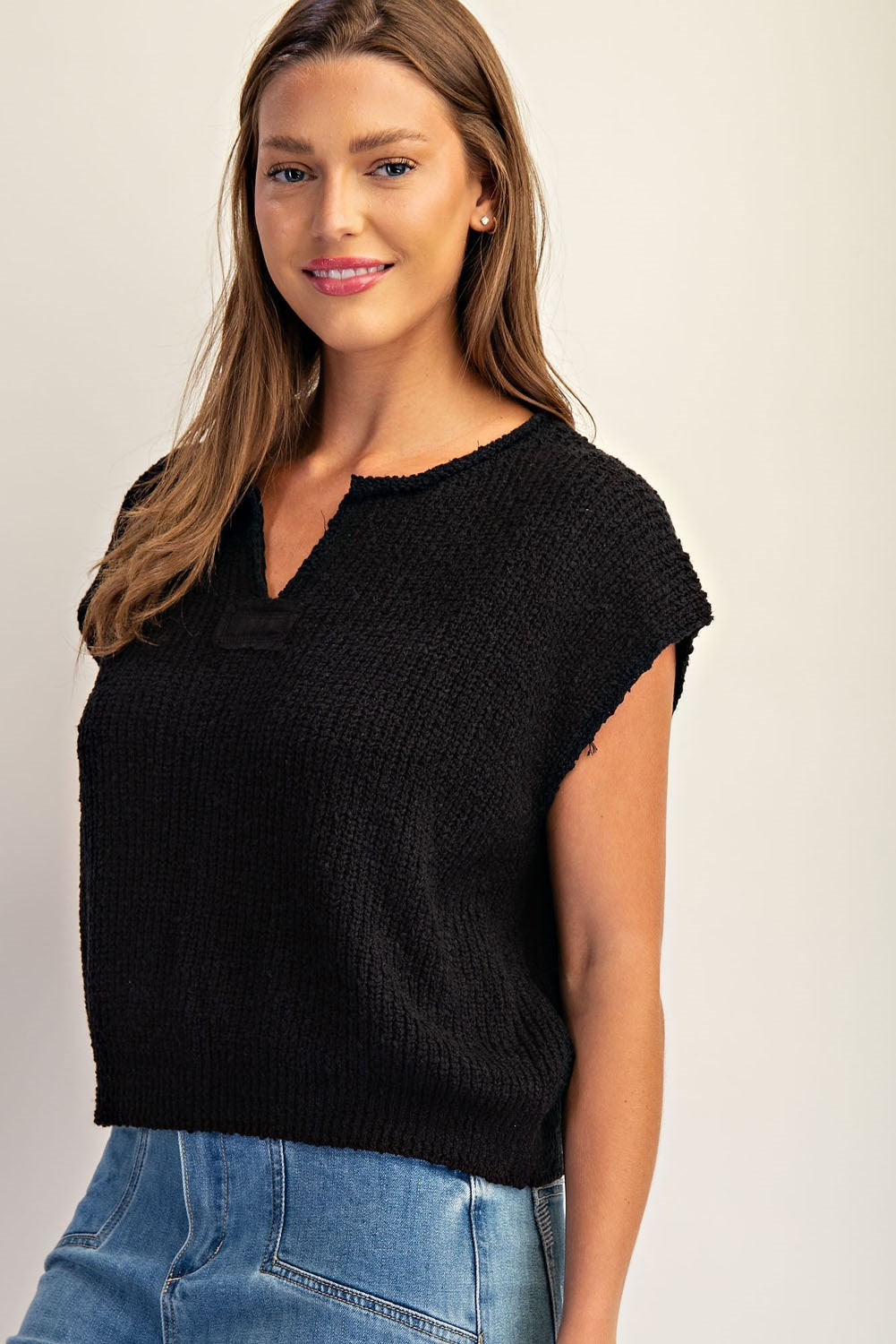 Solid Cap Sleeve Notched Neck Knit Sweater by ee:some
