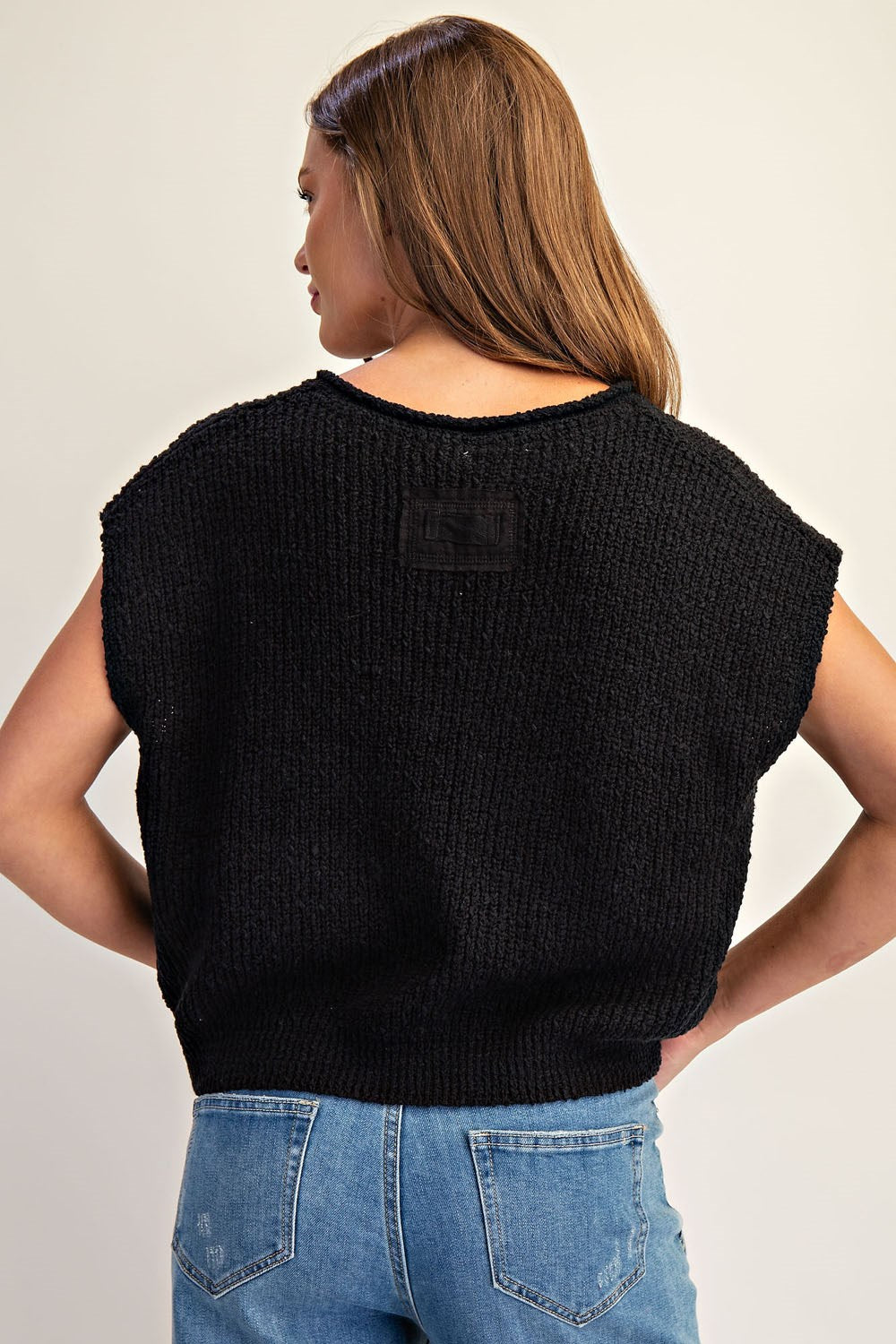 Solid Cap Sleeve Notched Neck Knit Sweater by ee:some
