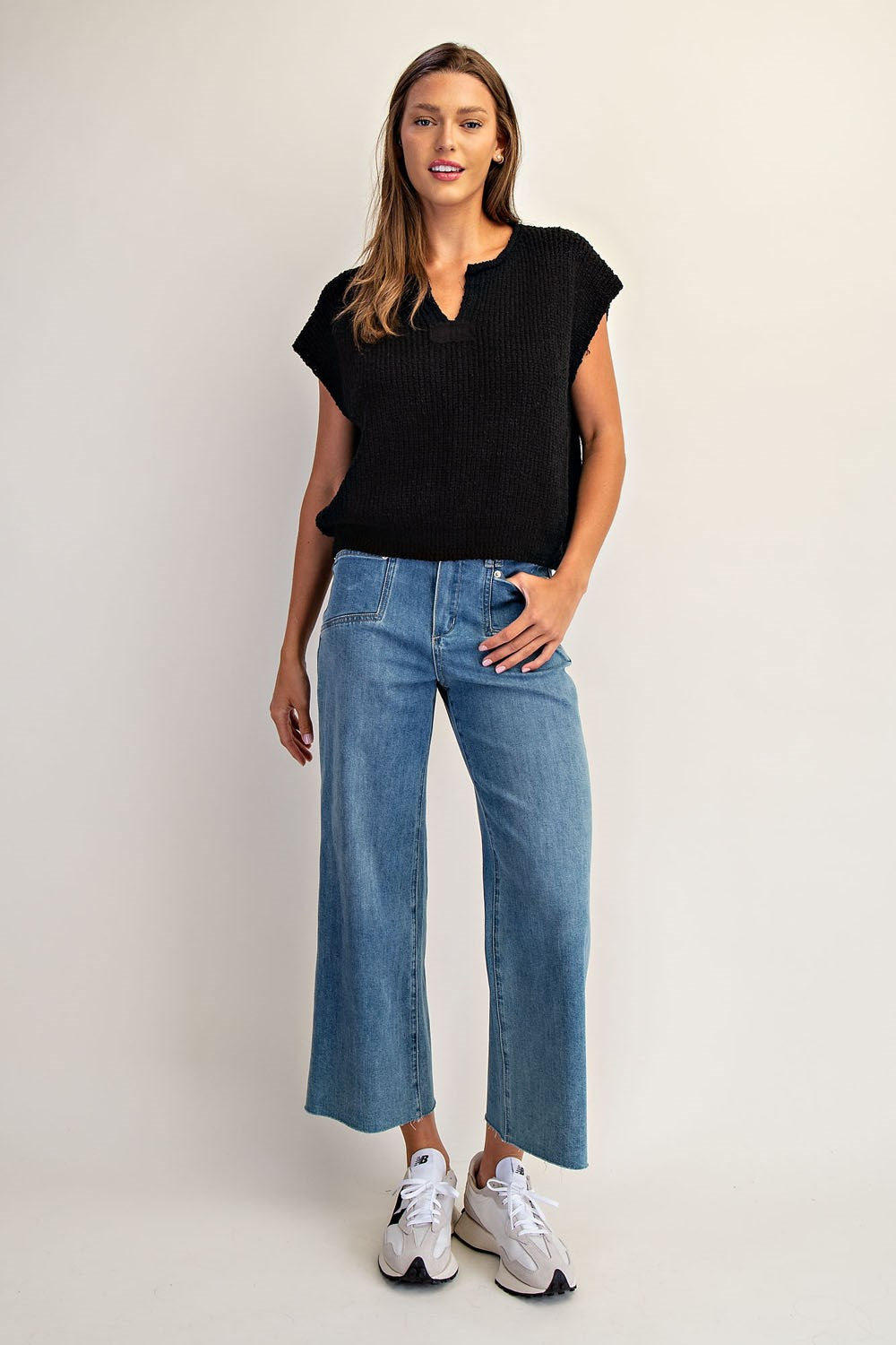 Solid Cap Sleeve Notched Neck Knit Sweater by ee:some