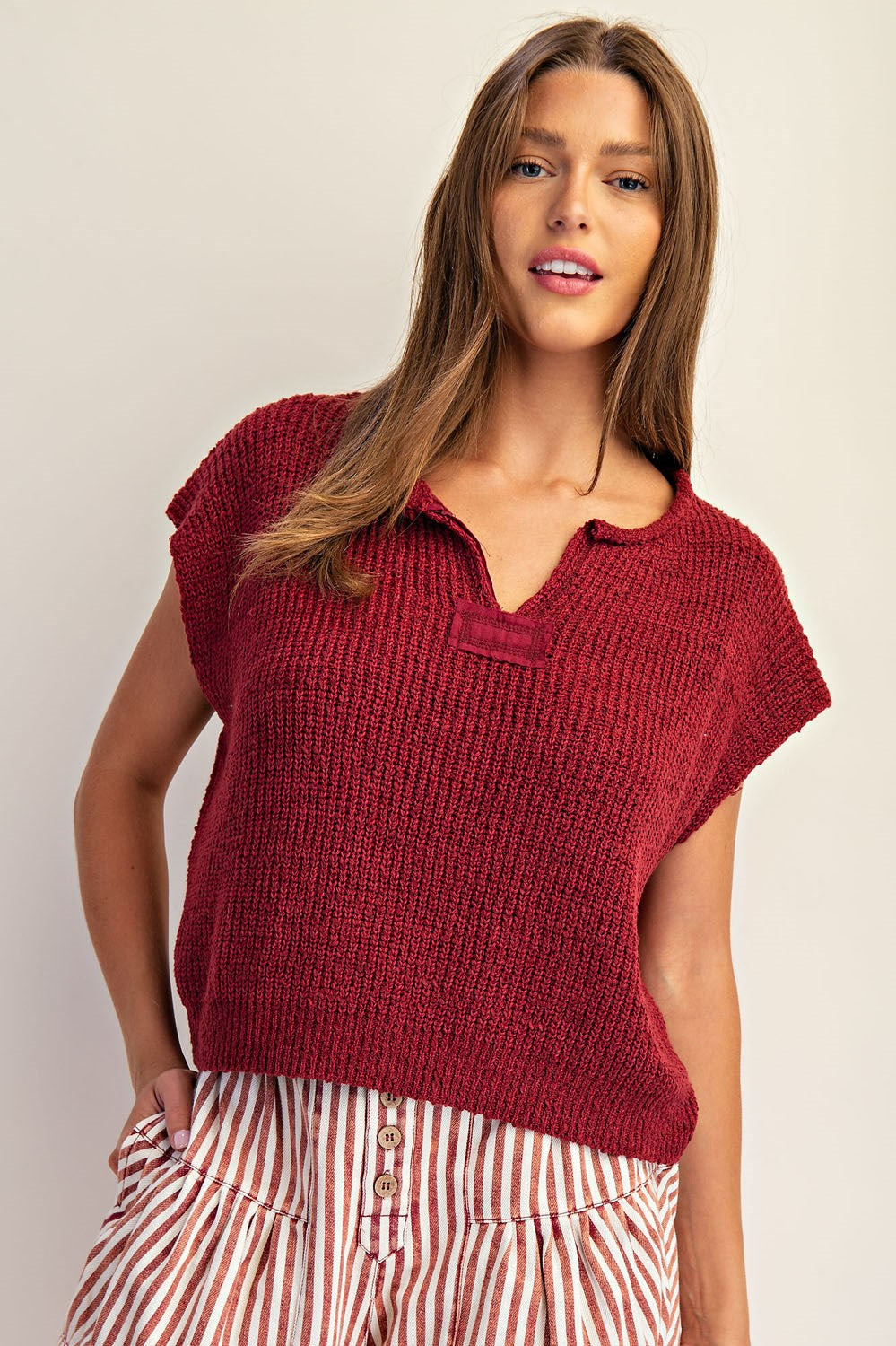 Solid Cap Sleeve Notched Neck Knit Sweater by ee:some