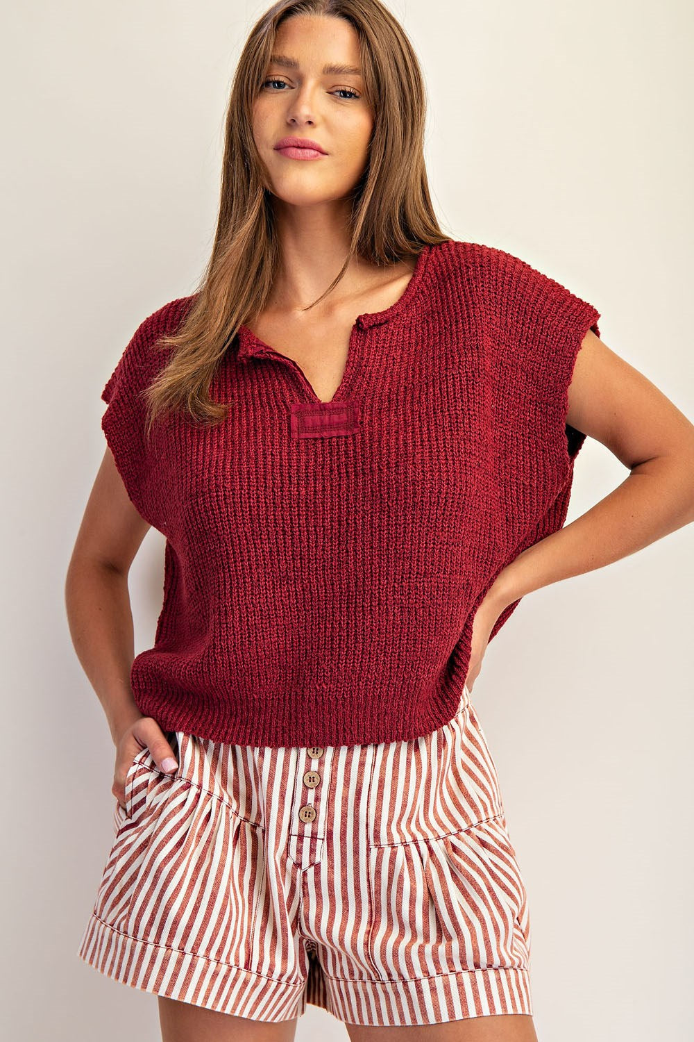 Solid Cap Sleeve Notched Neck Knit Sweater by ee:some