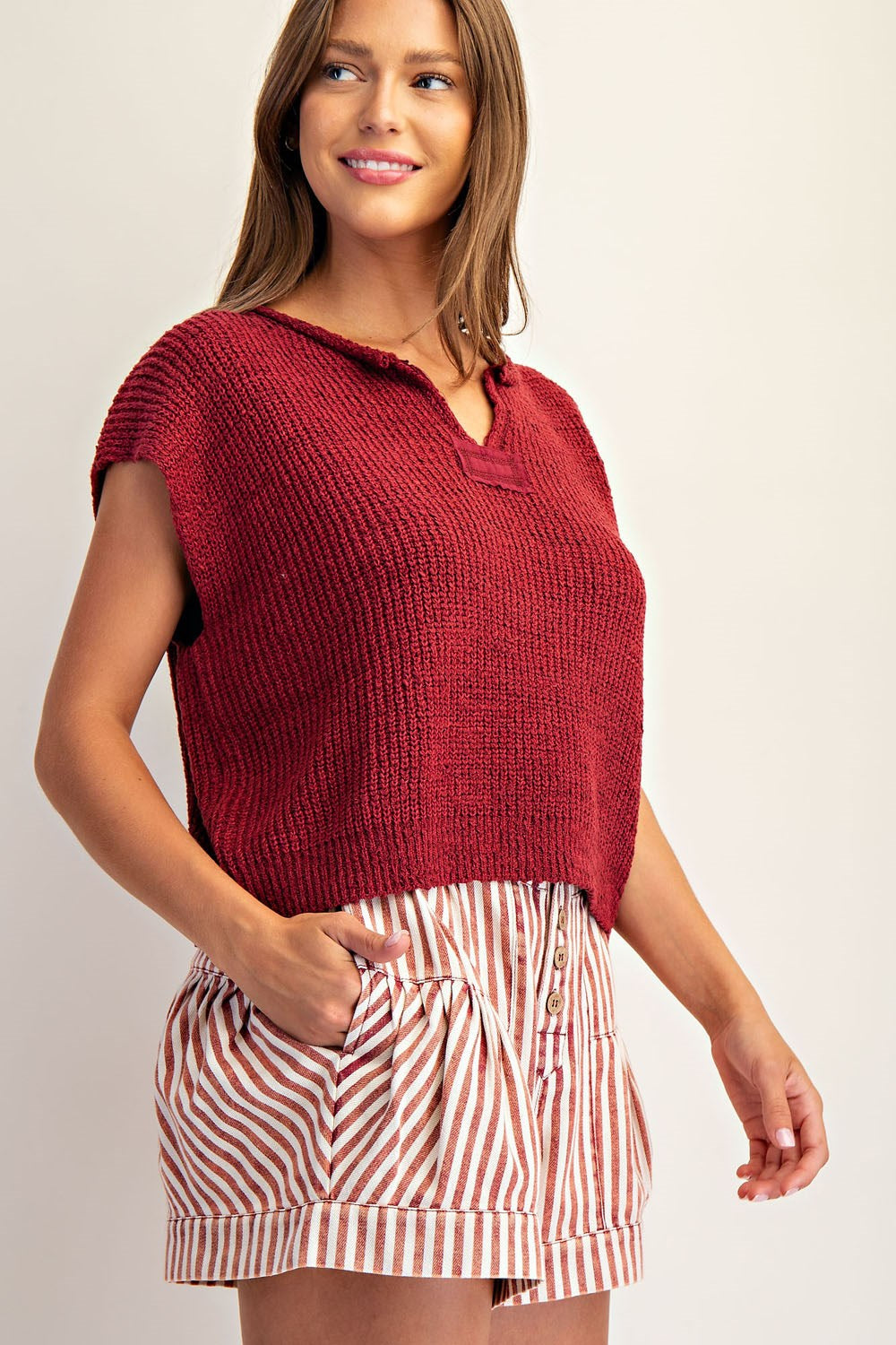 Solid Cap Sleeve Notched Neck Knit Sweater by ee:some
