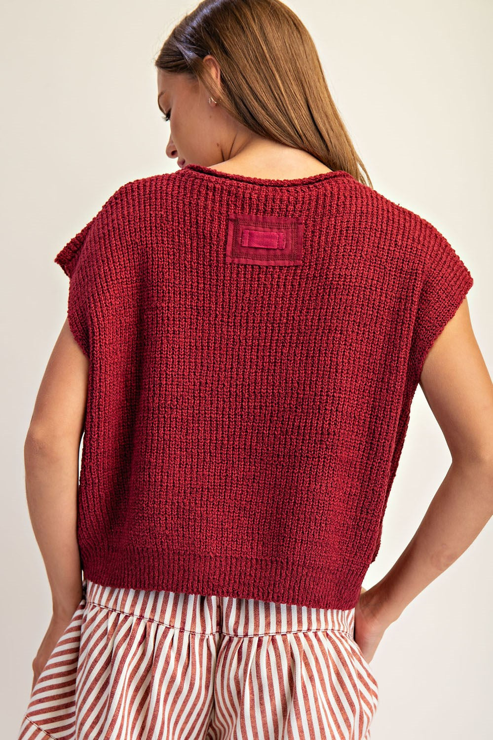 Solid Cap Sleeve Notched Neck Knit Sweater by ee:some