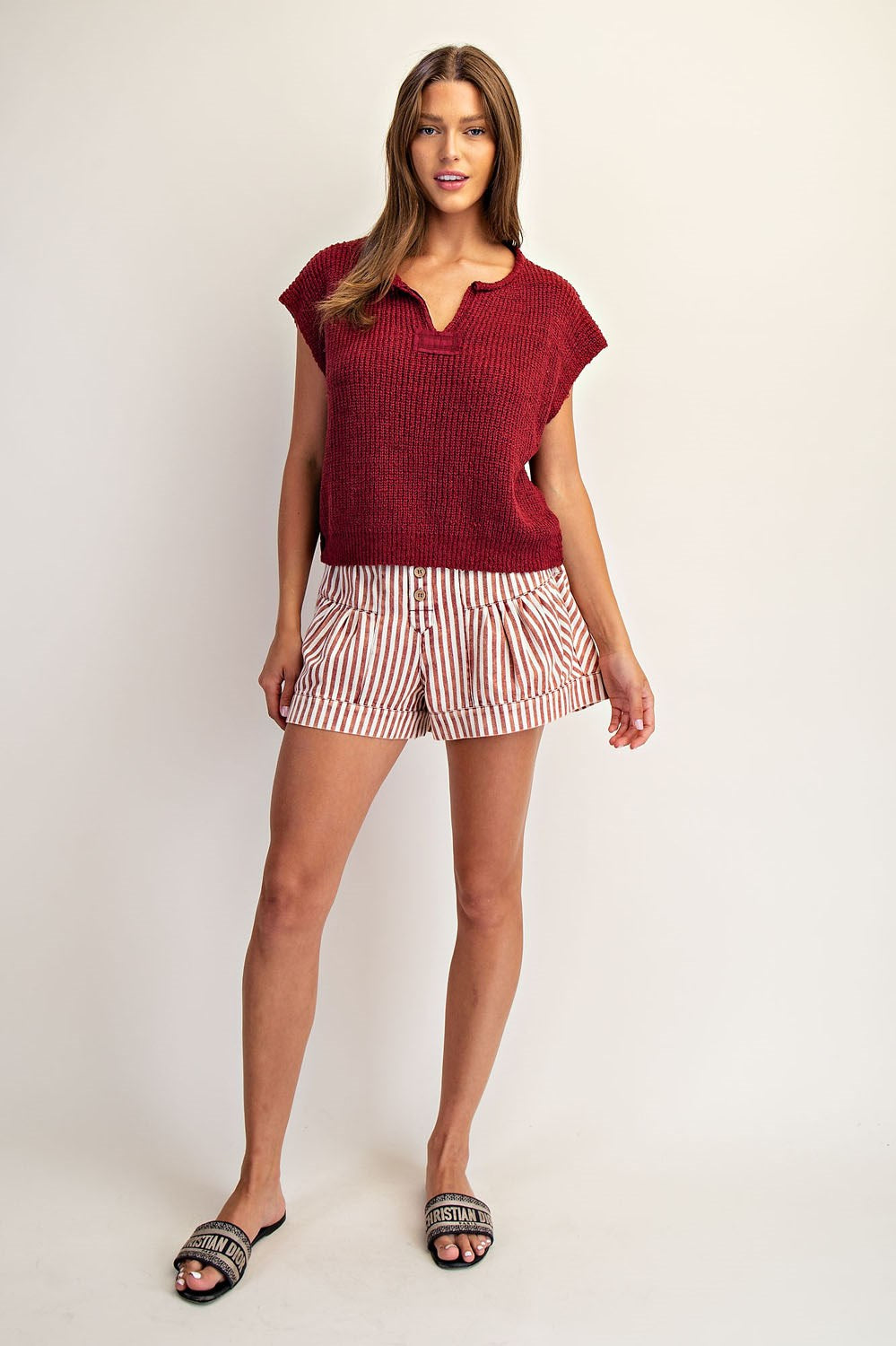 Solid Cap Sleeve Notched Neck Knit Sweater by ee:some