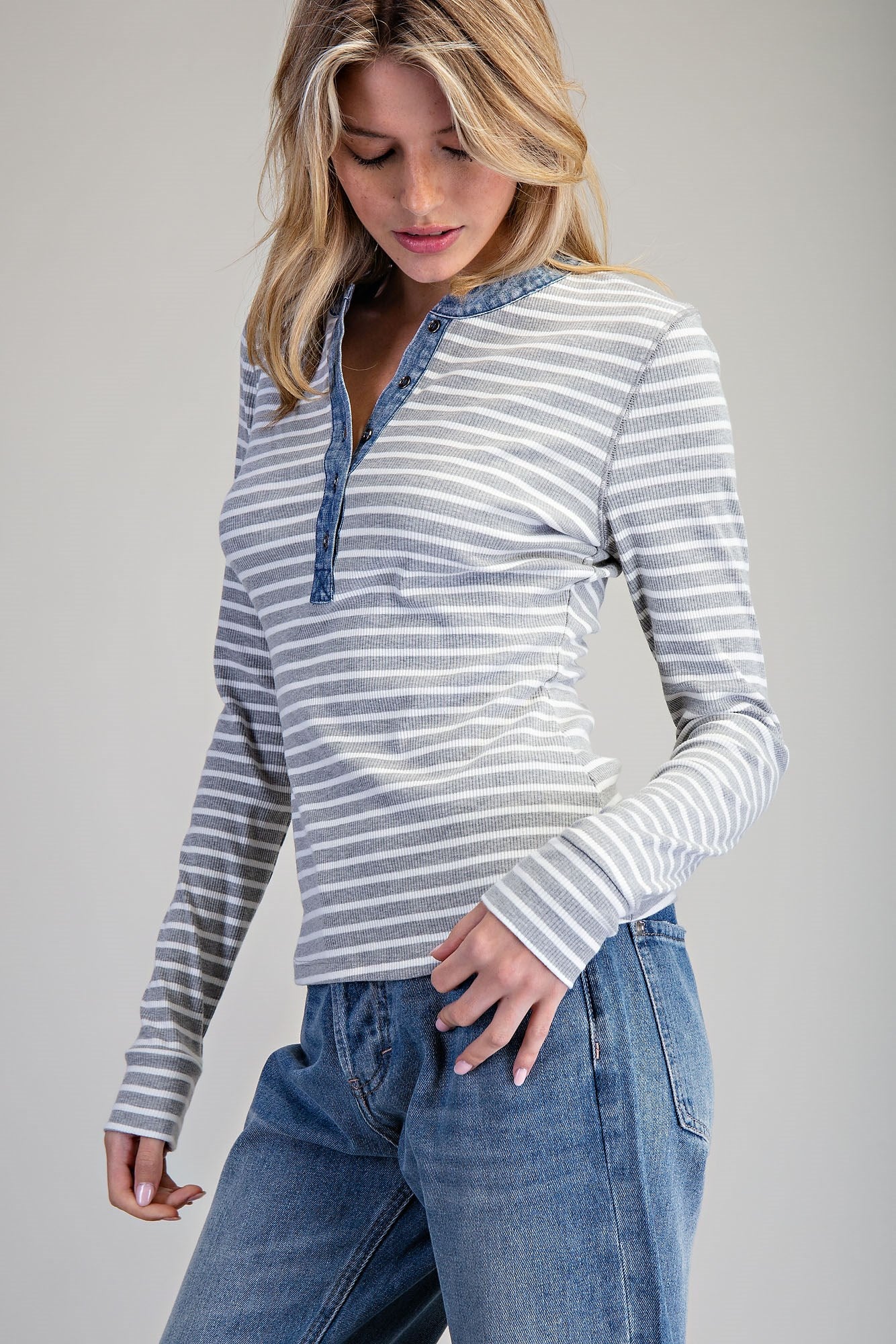 Snow Wash Two Tone Button Down Top by ee:some