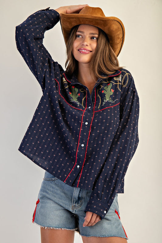 Western Embroidered Button Down Top by ee:some