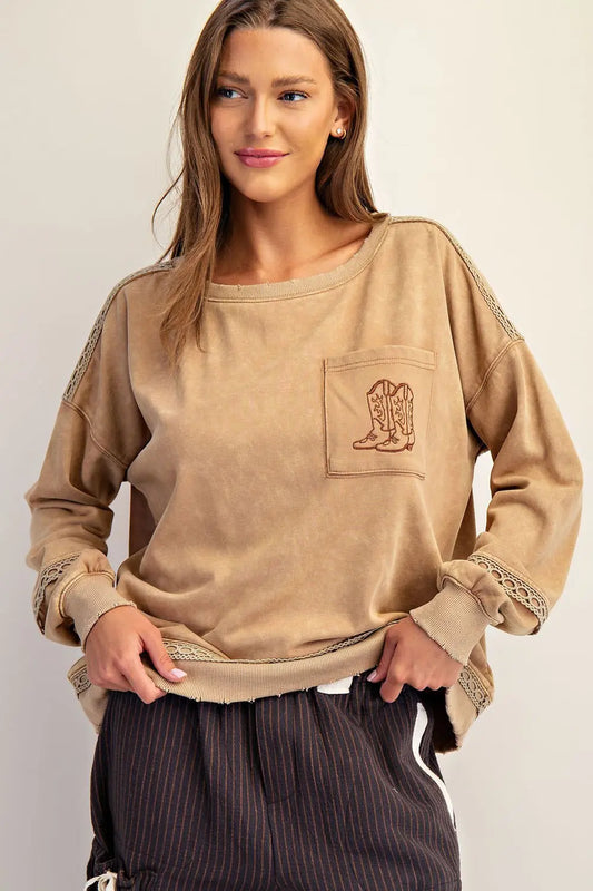 Mineral Washed Boot Motif Long Sleeve Sweatshirt in Mocha Mousse by ee:some