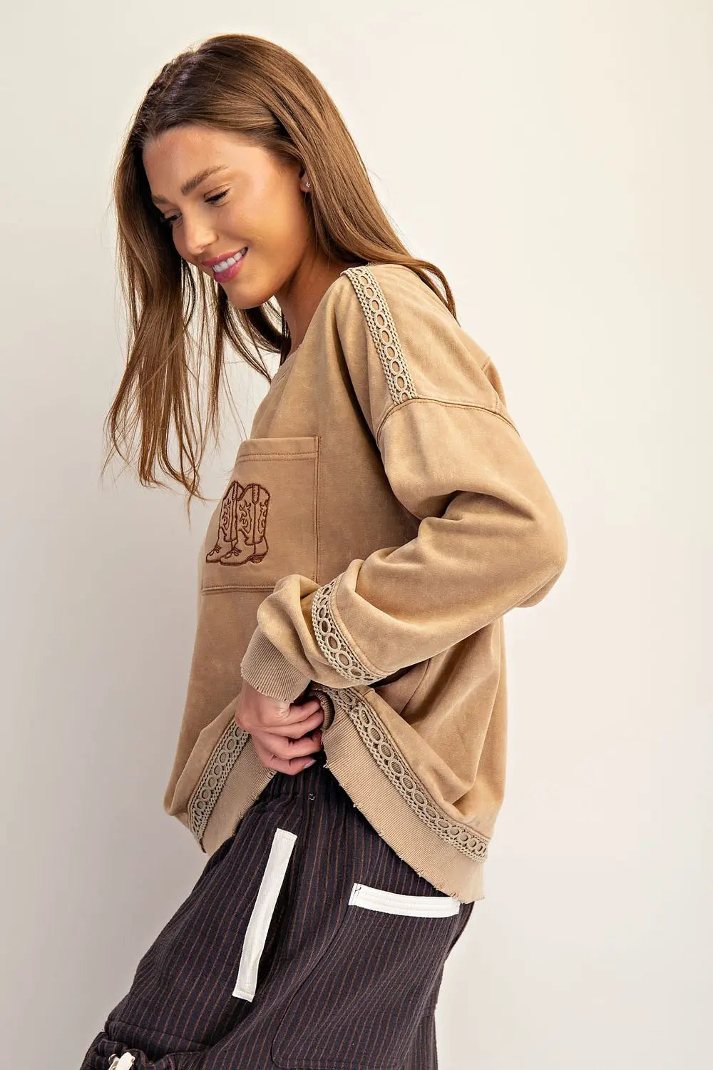 Mineral Washed Boot Motif Long Sleeve Sweatshirt in Mocha Mousse by ee:some