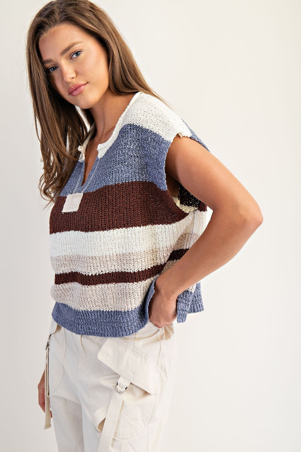 Multicolor Striped Cap Sleeve Sweater by ee:some