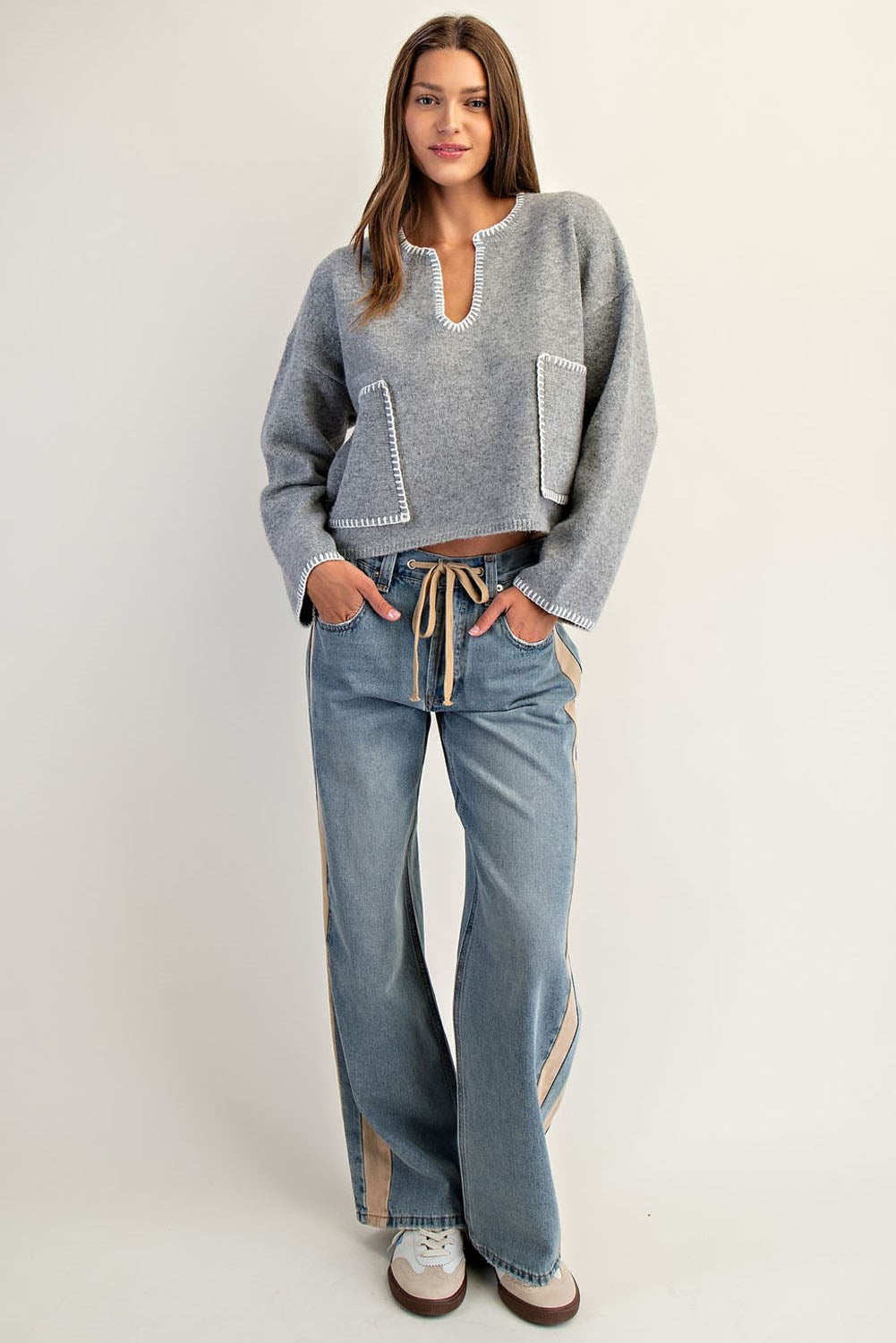 Whipstitch Patch Pocket Long Sleeve Sweater by ee:some