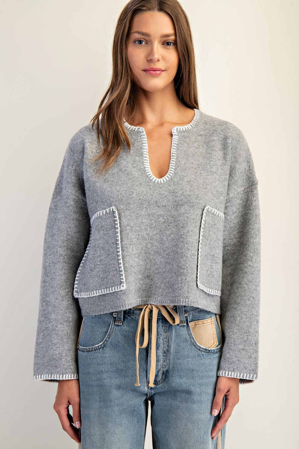 Whipstitch Patch Pocket Long Sleeve Sweater by ee:some