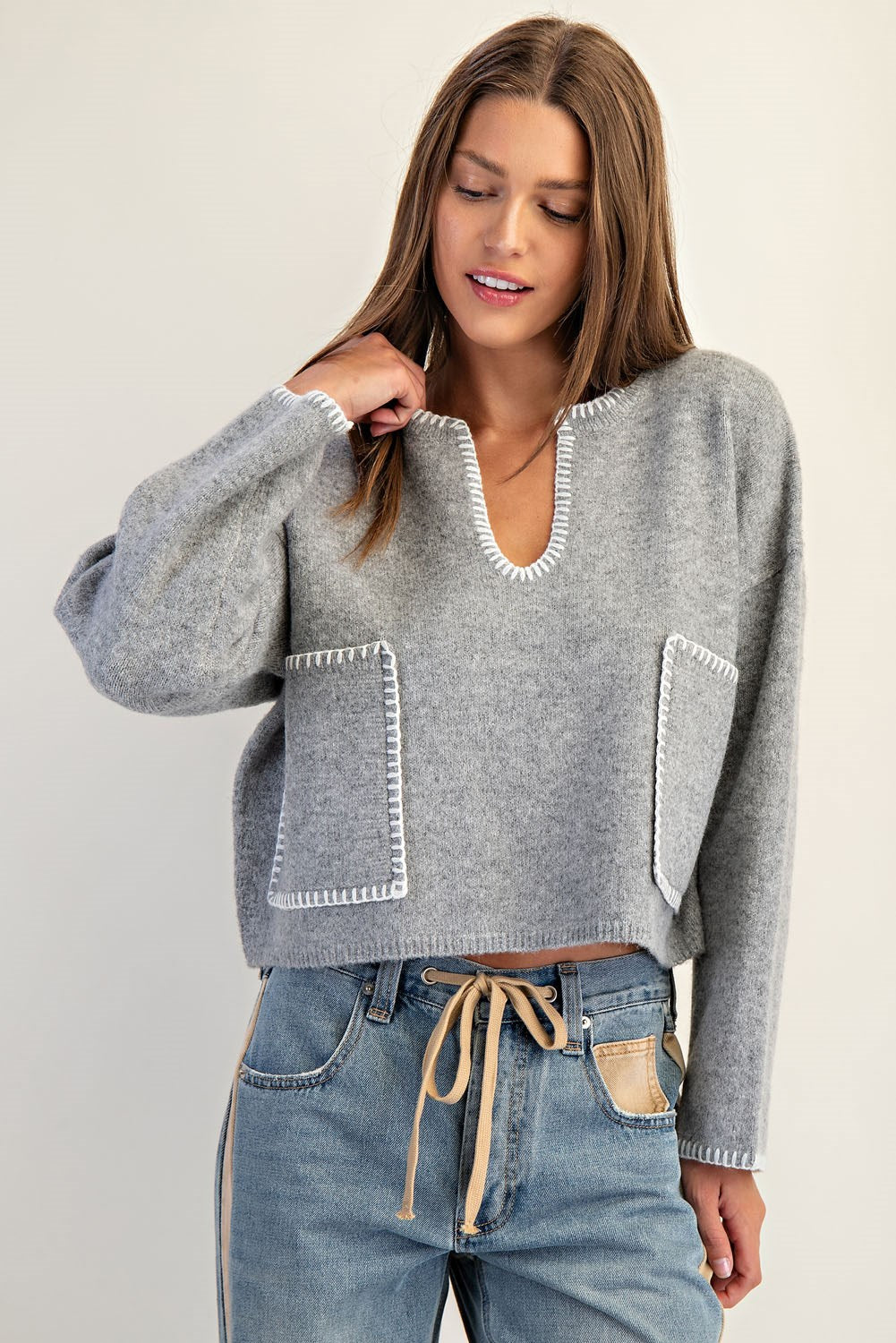 Whipstitch Patch Pocket Long Sleeve Sweater by ee:some