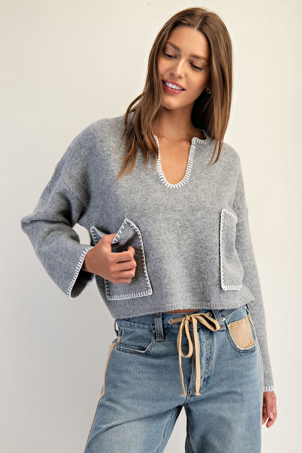 Whipstitch Patch Pocket Long Sleeve Sweater by ee:some