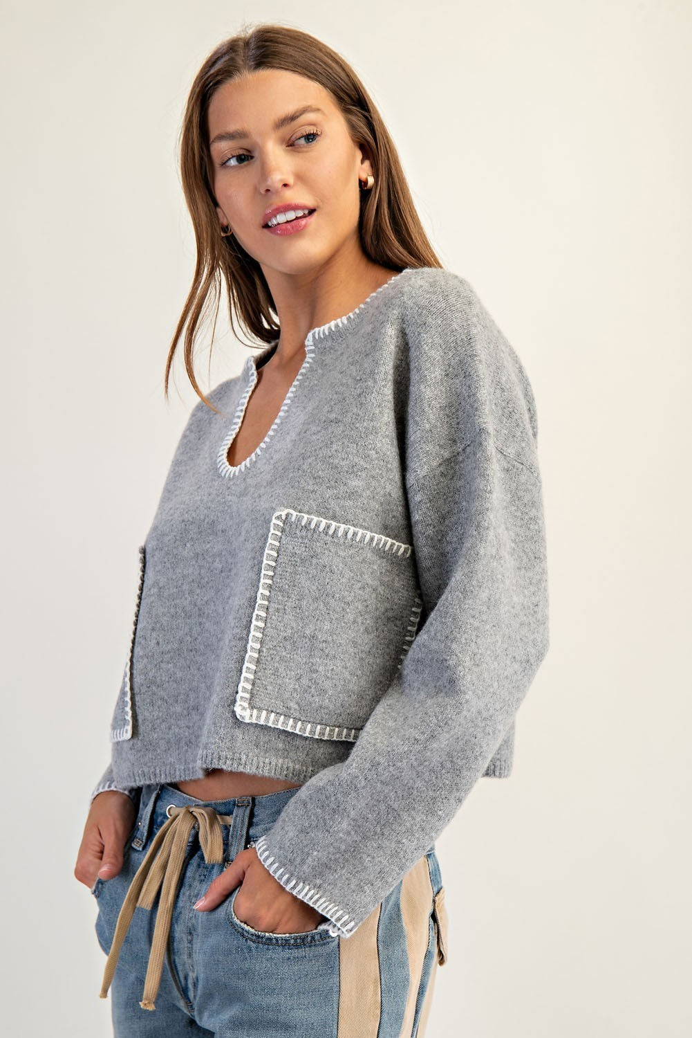 Whipstitch Patch Pocket Long Sleeve Sweater by ee:some
