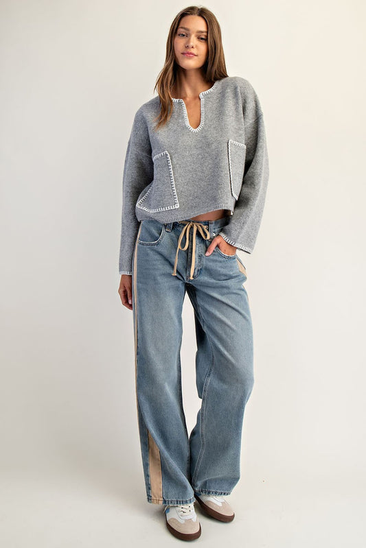 Whipstitch Patch Pocket Long Sleeve Sweater by ee:some