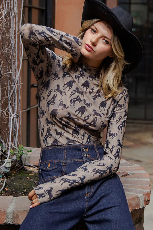 Mesh Western Horse Graphic Top in Taupe by ee:some