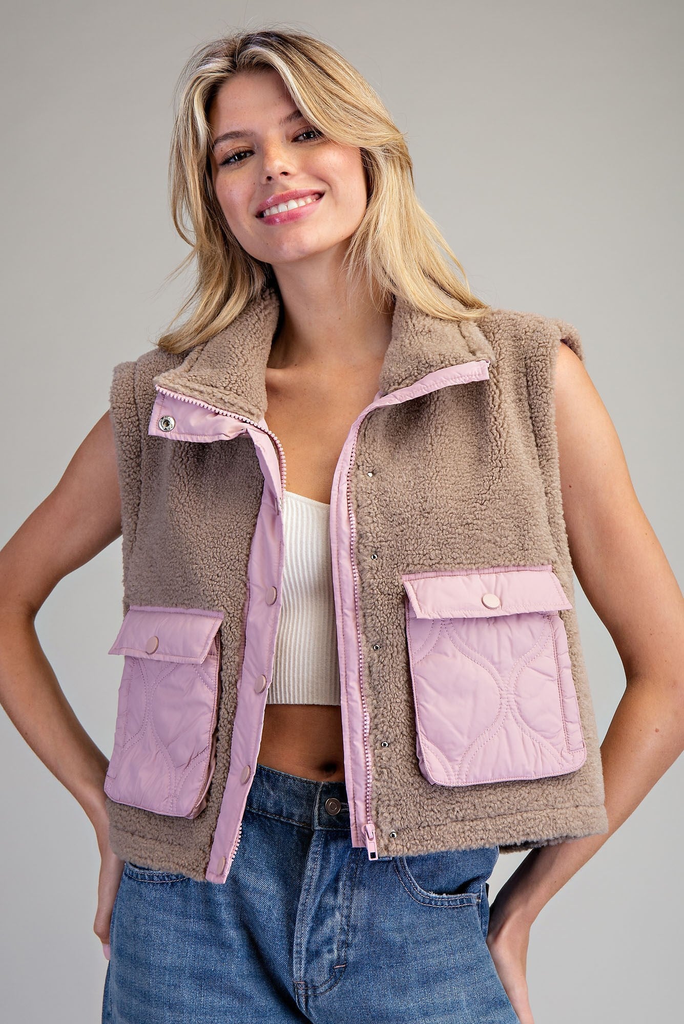 Contrast Teddy Fleece Zip Front Vest by ee:some