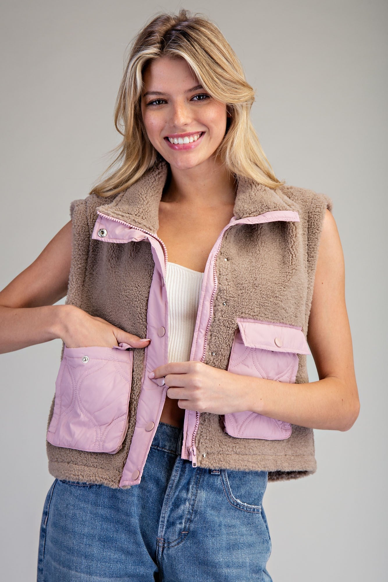 Contrast Teddy Fleece Zip Front Vest by ee:some
