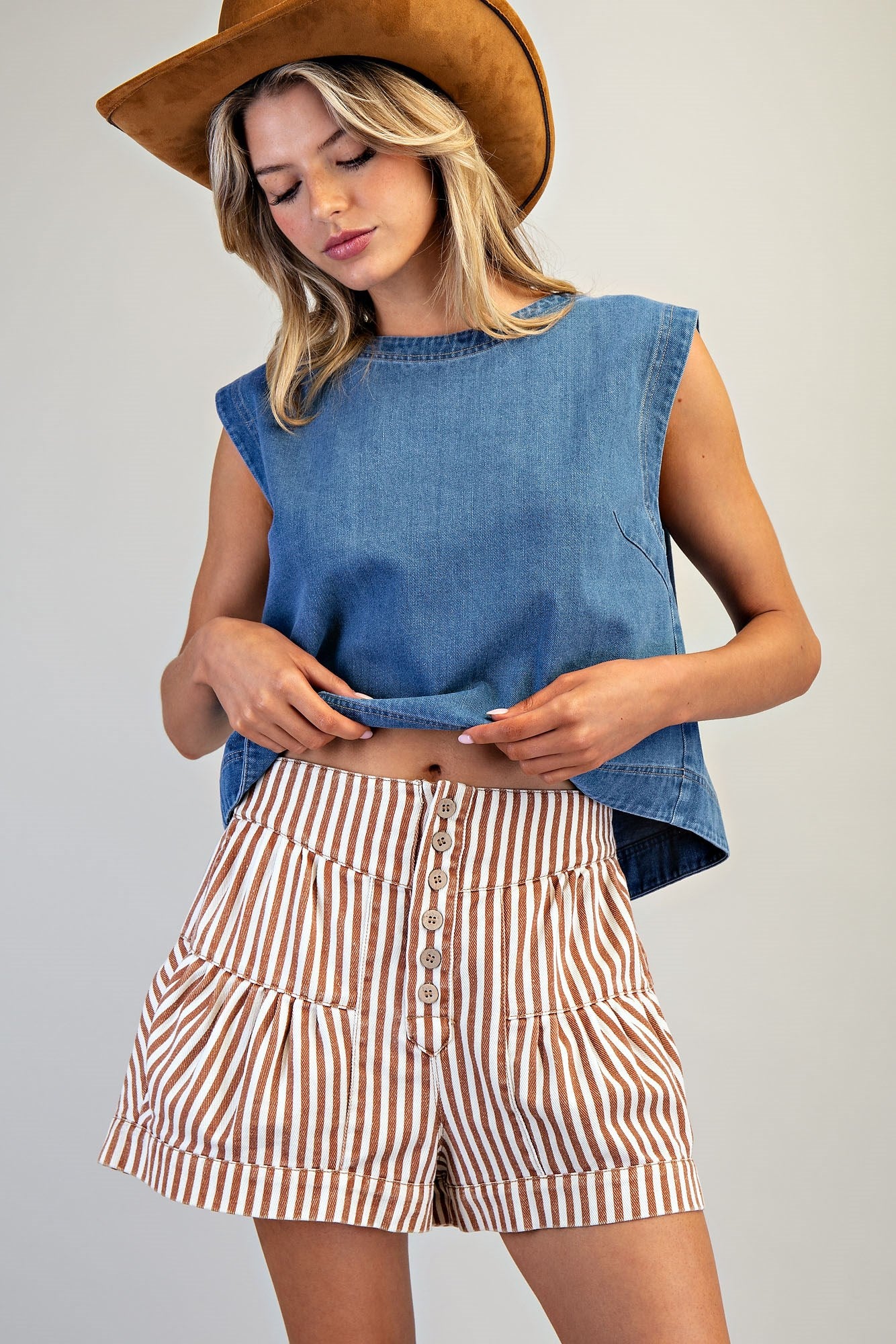 Mineral Washed Striped Button Down Shorts by ee:some