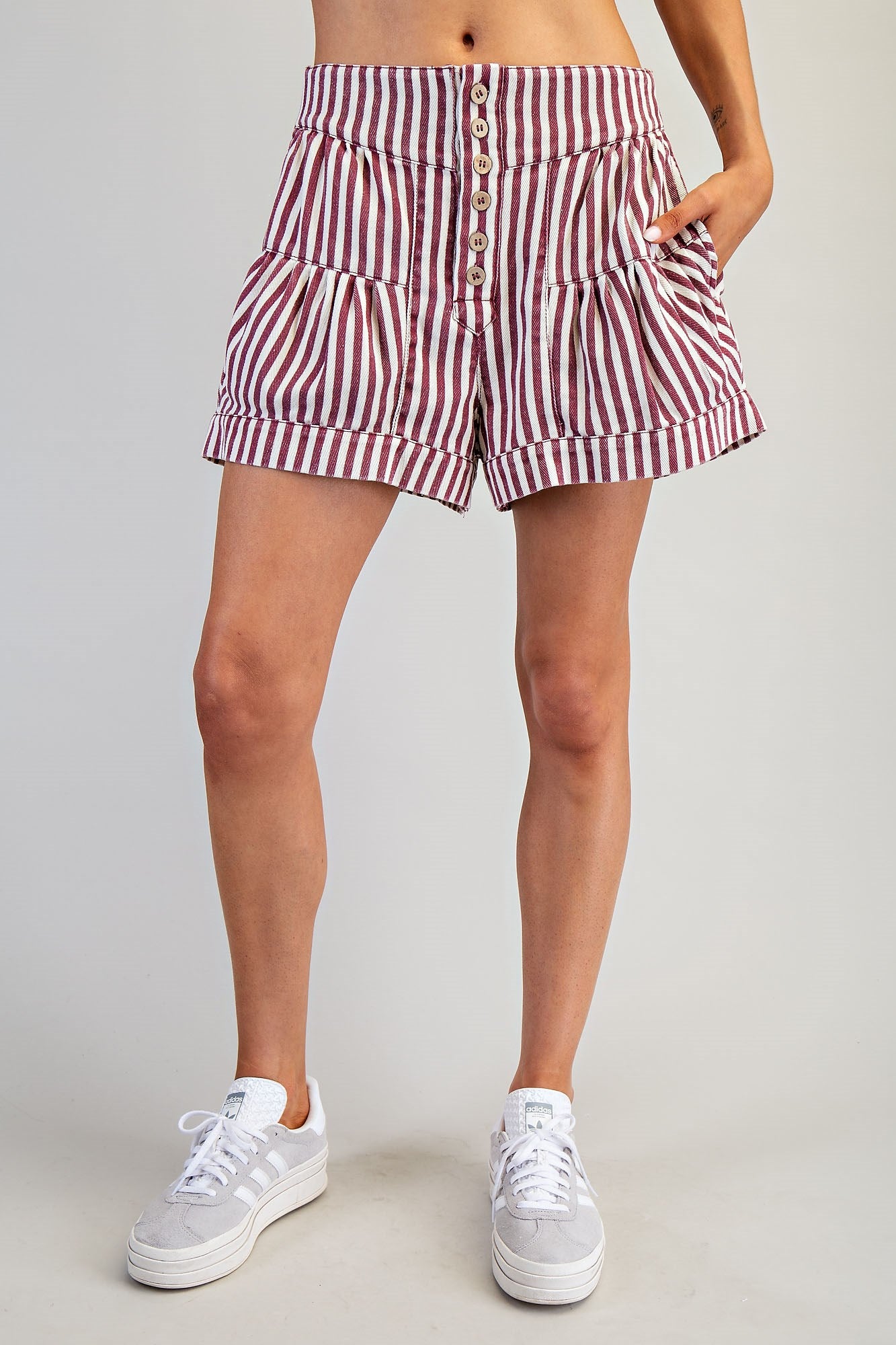 Mineral Washed Striped Button Down Shorts by ee:some