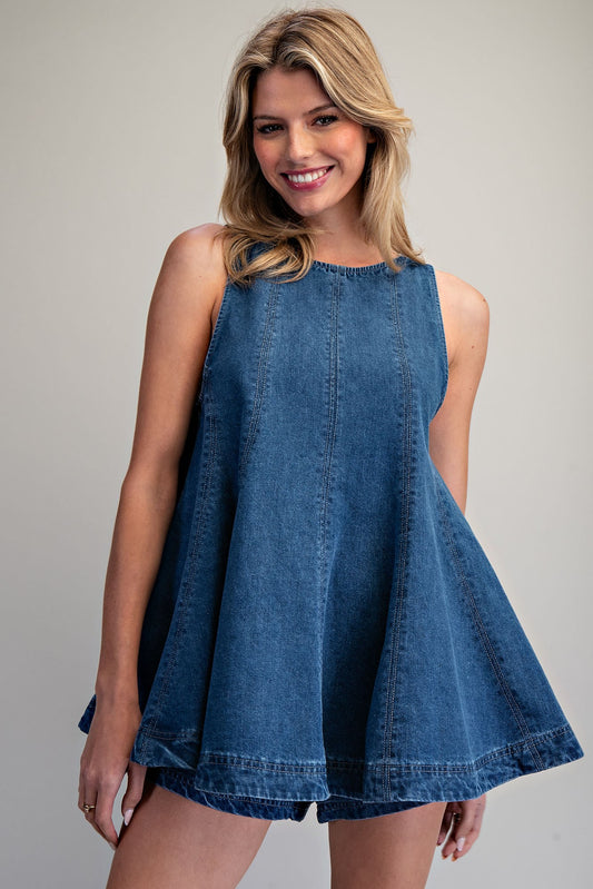 Sleeveless Flared A-Line Blue Denim Top by ee:some