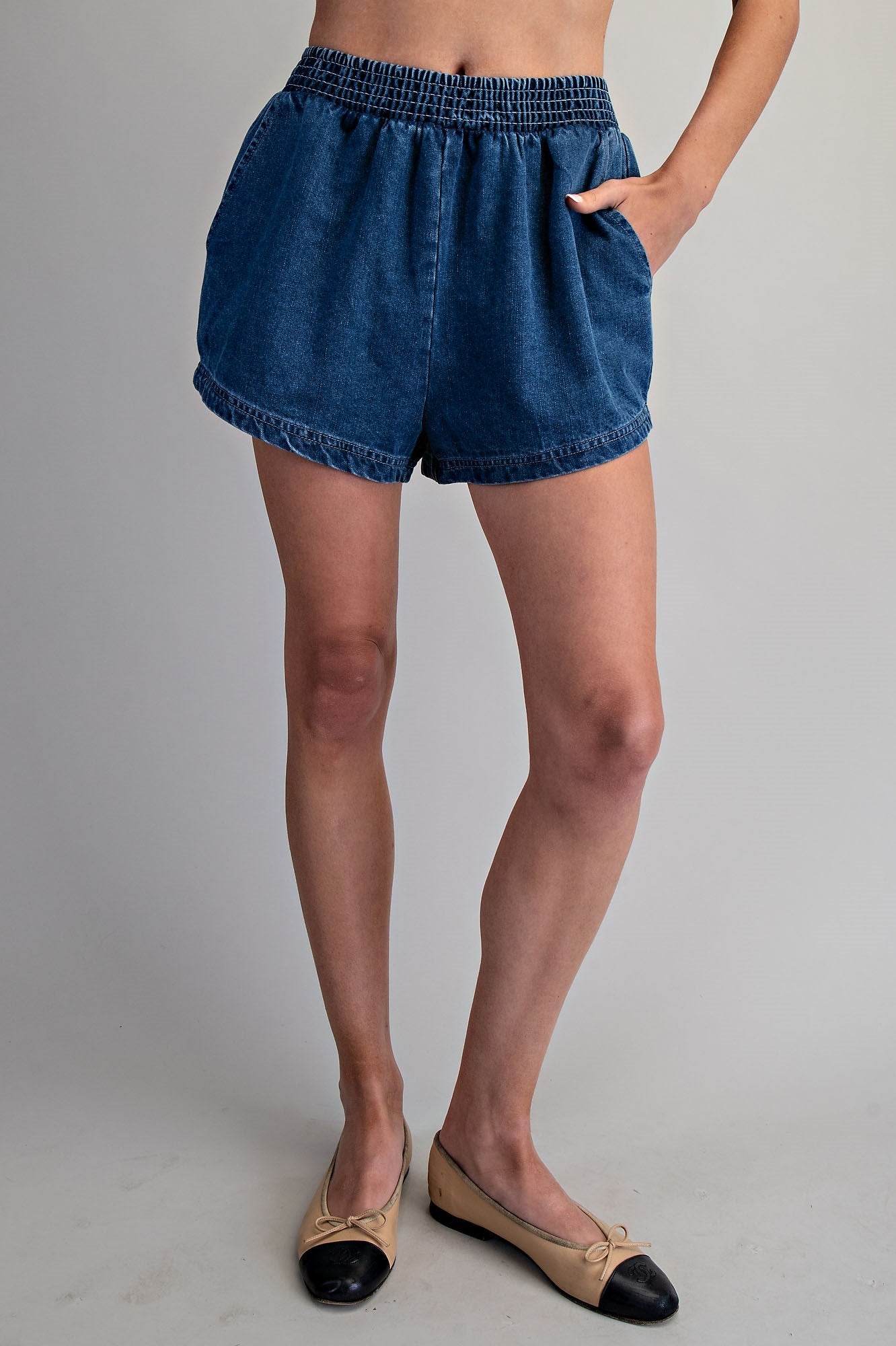 Solid Elastic Waist Denim Shorts by ee:some