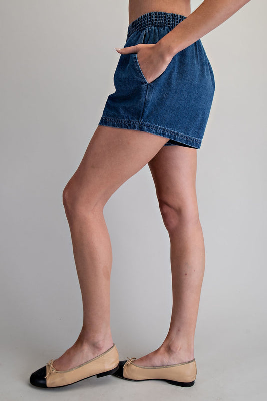 Solid Elastic Waist Denim Shorts by ee:some