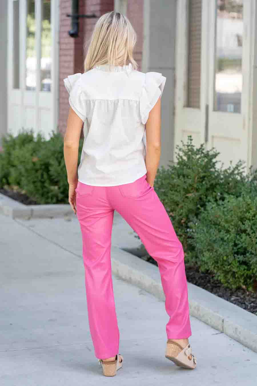 High Waisted Tummy Control Faux Leather Straight Leg Jeans in Hot Pink by Judy Blue