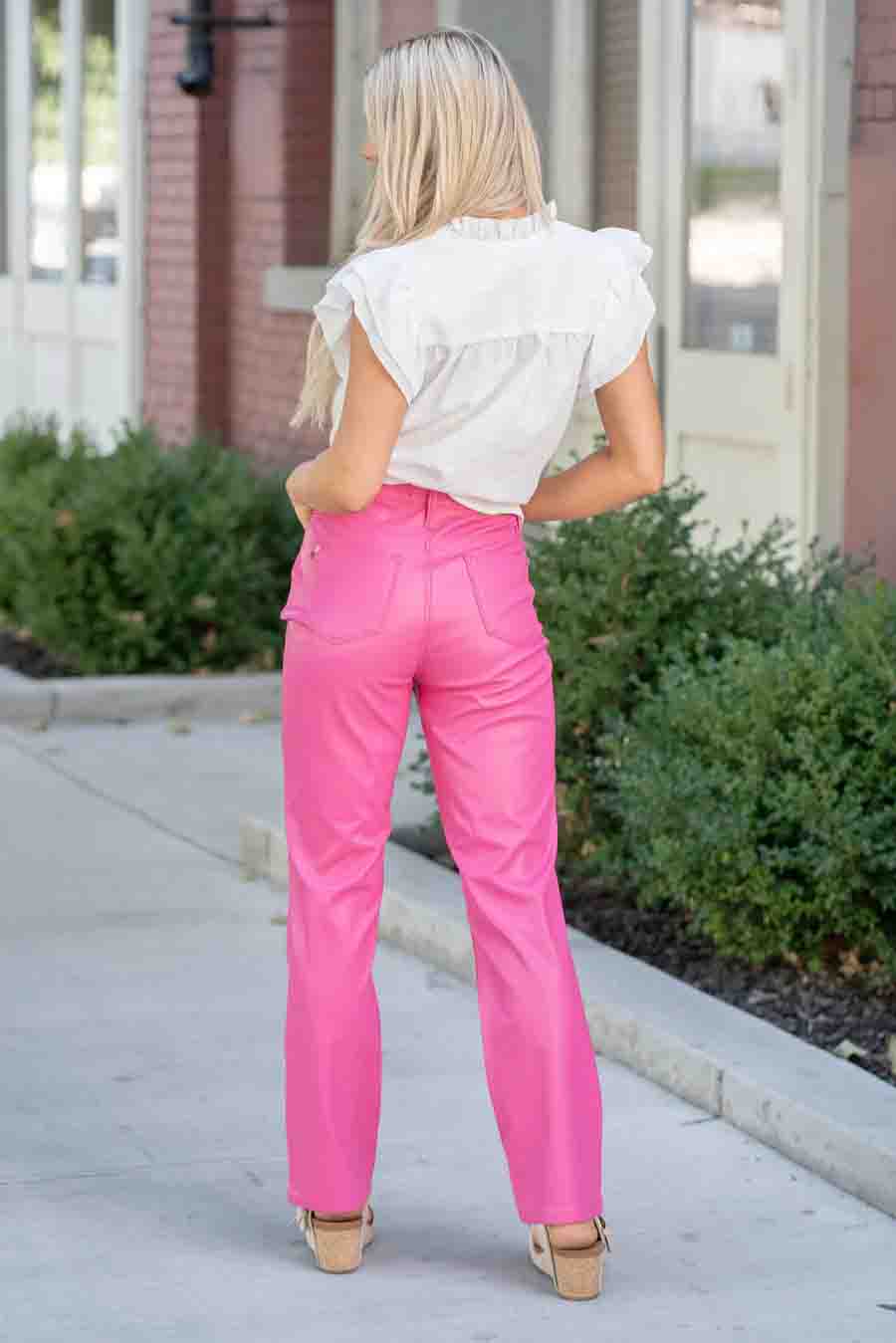 High Waisted Tummy Control Faux Leather Straight Leg Jeans in Hot Pink by Judy Blue