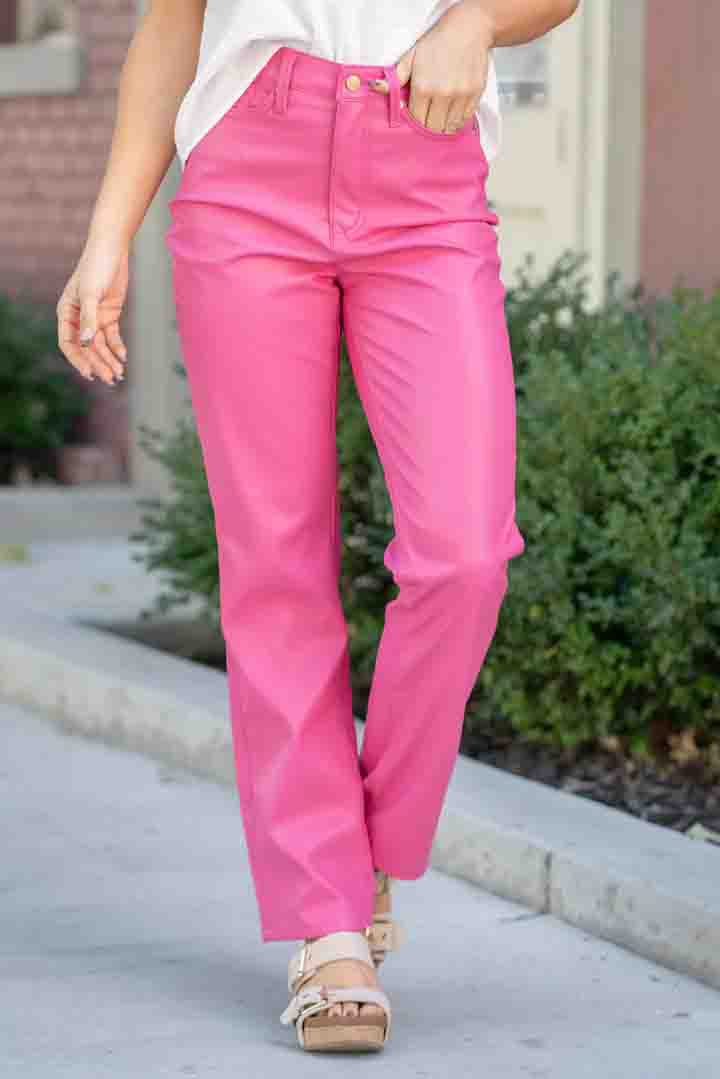 High Waisted Tummy Control Faux Leather Straight Leg Jeans in Hot Pink by Judy Blue