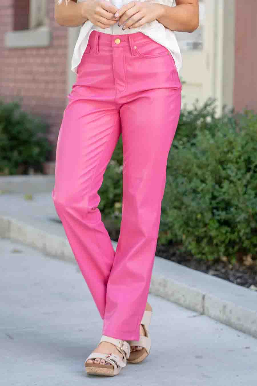 High Waisted Tummy Control Faux Leather Straight Leg Jeans in Hot Pink by Judy Blue