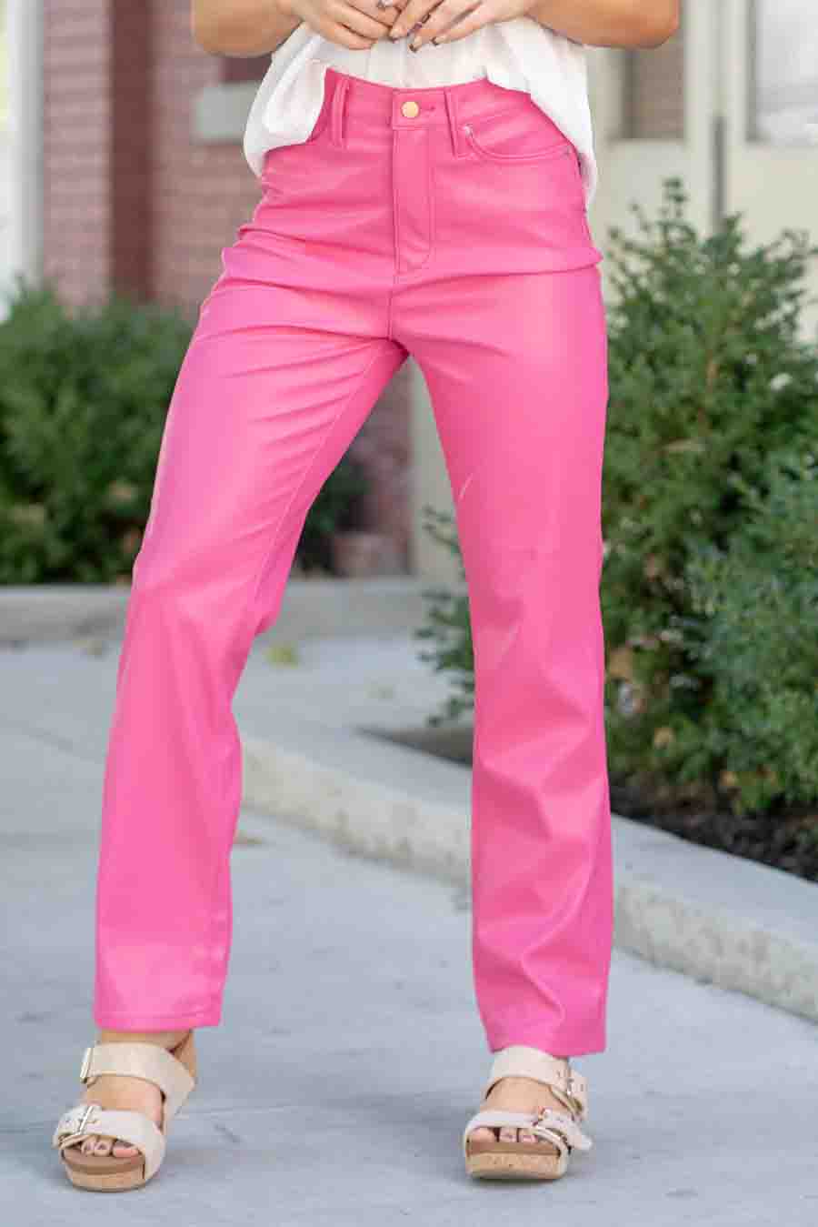 High Waisted Tummy Control Faux Leather Straight Leg Jeans in Hot Pink by Judy Blue