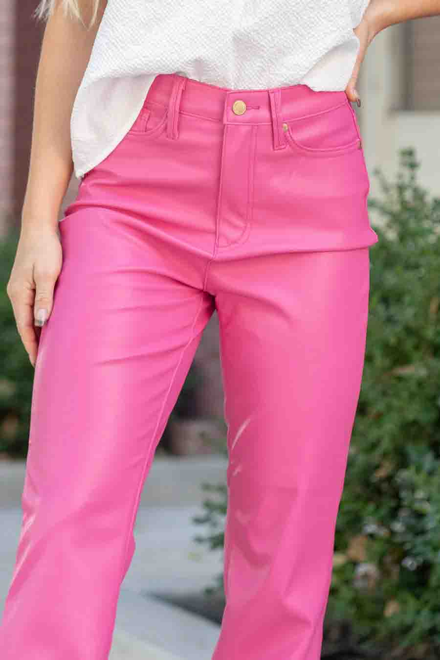 High Waisted Tummy Control Faux Leather Straight Leg Jeans in Hot Pink by Judy Blue